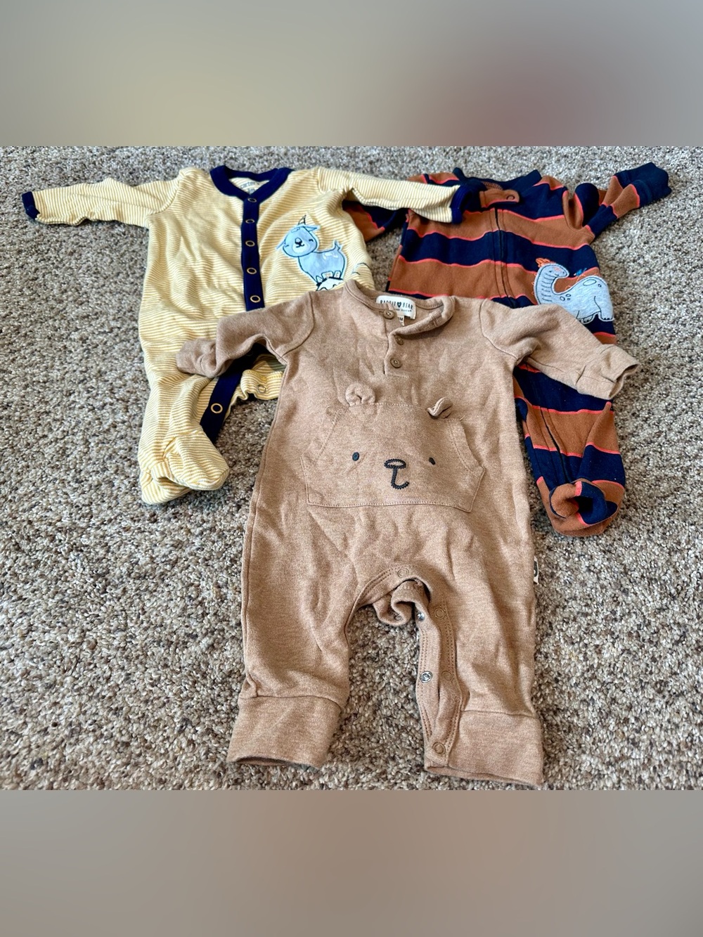 Carter's and Rabbit+Bear 3 piece set onesies Bear, Dino, and Goat Stripes Animal